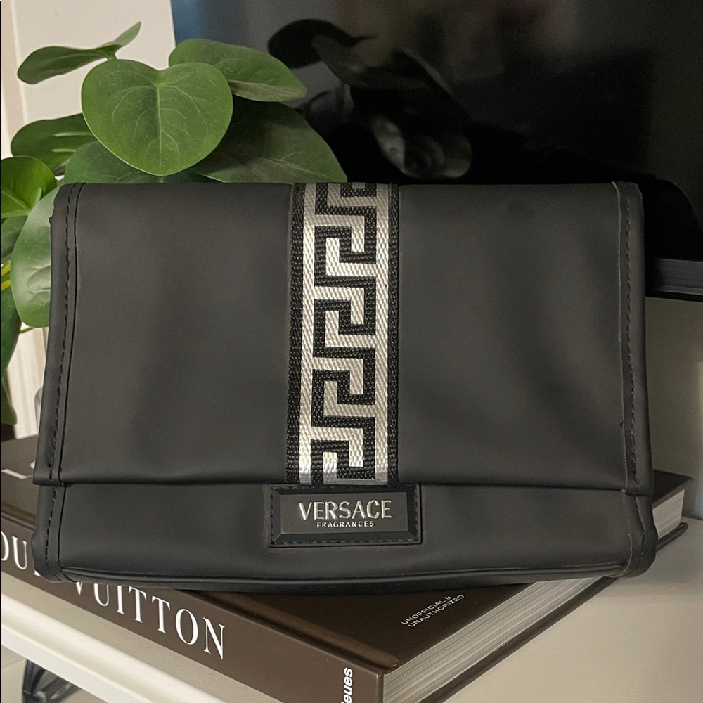 Versace Black Cosmetic Case with Silver Greek Key Accent